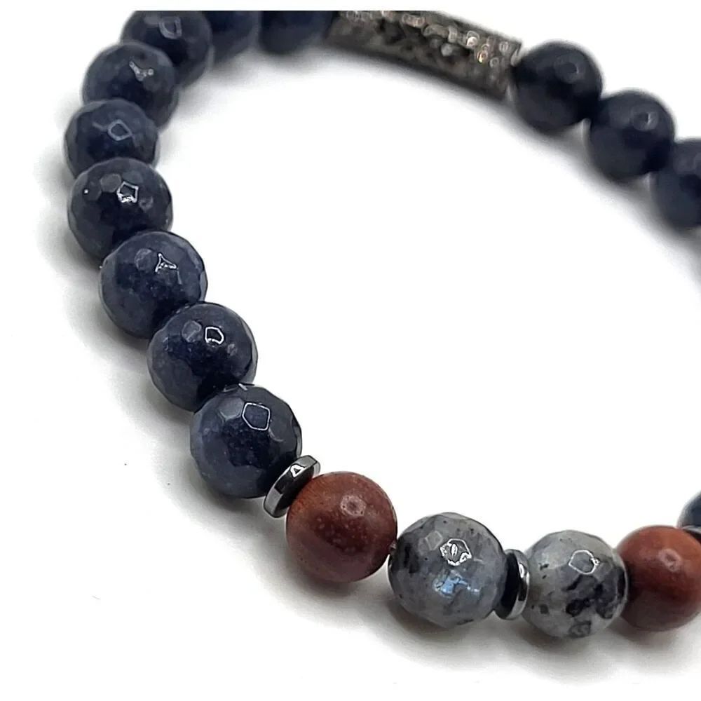 Healing Lapis Labradorite Hematite Wood Beaded Bracelet 7.5in